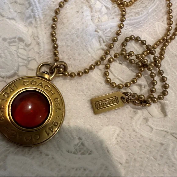 Coach Logo Pendant In Gold Tone with Amber Glass Center on Gold Tone Chain - Picture 9 of 16